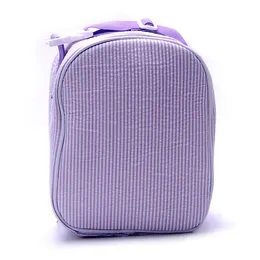 Gray Seersucker Cooler Bag Stripes Handle Lunch Tote Bag School Insulated Food Carriers 6 Color