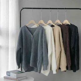 Topiki Zima Sweter Sweter Damski Płaszcz Faux Fur Dzianiny Sweter Koreański Przycisk Miękkie Ciepłe Topy CT001 210922