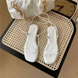 2021 New Summer Sandals Women Flat Ankle Strap Gladiator Sandal Lace Up Casual Shoes Brand Sandals Vacation Flip Flops Sandalias G220228