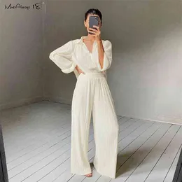 Mnealways18 Beige Pleated Wide Leg Pants Womens Fashion Casual Loose Trousers Office Lady Elegant Long Palazzo 210925