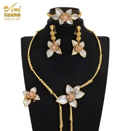 Anid Flower Naszyjnik Zestawy 2021 Big Gold Biżuteria 24K Chiński 4 sztuki Pierścionki Akcesoria Dla Kobiet Marka Luksusowy Afgański Headpiece H1022