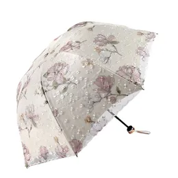 Three Fold Rain Paraguas Mujer Parasol Embroidery Lace Korean Design UV Protection Sun Umbrella for Women