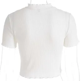Yyxz Sommar Western Style Mode Söt Slim Broderi Kortärmad Lady Tee SML Kvinna Casual Short Cotton T-Shirt Crop Top X0628