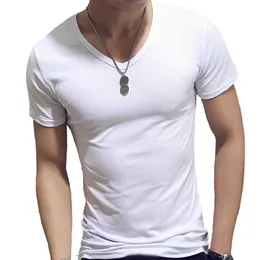 男性のTシャツファッションフィットネスVネック半袖Tシャツ夏のカジュアルジムソリッドカラーのトップスプラスサイズスリムポリエステルTシャツY0809