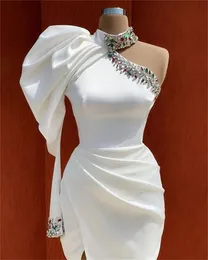 White Side Split Mermaid Prom Dresses Beaded High Neck Long Sleeve Evening Dress Party Second Reception Gowns