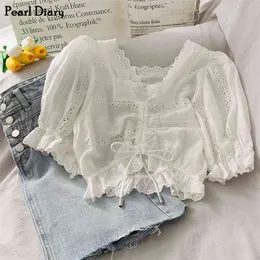 Pearl Diary Women White Cotton Broidery Crop Top Square Neck Scallop Lace Trim Sweet Ruched Front Drawstring Puff Sleeve 210623