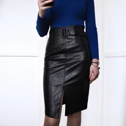 Tom Hagen Autumn Winter Elegant Pencil Midi Skirts High Waist Black PU Leather Split Sheath Wrap with Belt Female 210428