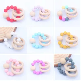 Baby Natural Wooden Teethers Toys Silicone Teether Rattle Baby Heath Accessories Infant Fingers Colorful Teething Ring Play Toys 663 K2