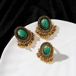 イヤリングネックレスBijoux Ethnic Green Round Flower Earring/Ring Set Wedding Jewelry Hanger