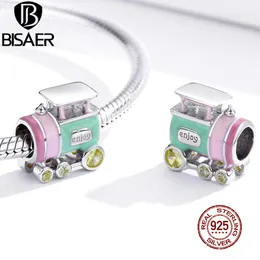 BISAER Railway Train Beads 925 Sterling Silver Colorful Zircon Car Charms Pendant Fit Original Bracelet Necklace Jewelry EFC289 Q0531