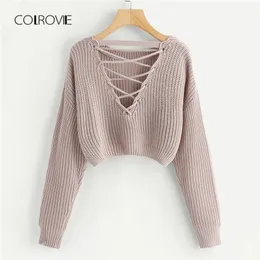 Colrovie Rosa Koreansk Criss Cross V Back Winter Crop Striked Sweater Kvinnor Kläder Höst Pullover Jumper Damer Tröjor 201017