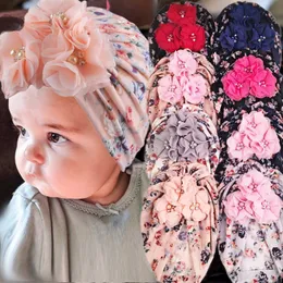 Neue Säuglingsmütze für Neugeborene mit Perlen-Chiffon-Blumen, Baumwolldruck, FloraTurban, dehnbare Mütze für Mädchen, Baby-Haar-Accessoires