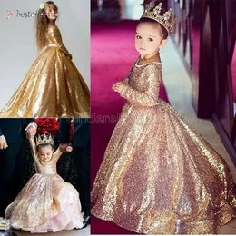 2022 Gold Sequin Toddler Ball Gowns Girls Pageant Dresses Jewel Long Sleeves Formal Kids Party Gown Flower Girl Dresses for Weddings BA6822 2022