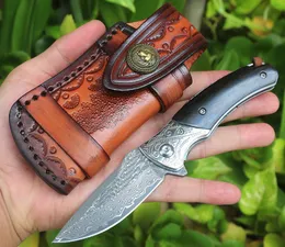 High End Flipper Fodling Night VG10 Damascus Стальные лезвия Драйв-лезвия Натуральный Ebony + Стали Голова Ручка Шарикоподшипники Карманные Ножи с Кожаной Около