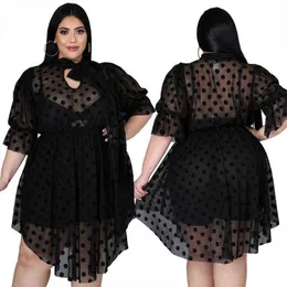 See Through Women Dresses Black Polka Dot Irregular Empire Transparent Half Sleeve African Dress Plus Size 4XL 5XL Party Robes 211116