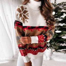 2021 New Christmas Turtleneck Elk Print Sticka Lösa Kvinnor Tröja Vinter Mode Varmt Pullover Tröja Casual Lady Chic Sweaters Y1110
