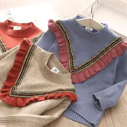 Jesień Wiosna 2 3-10 12 lat Odzież dziecięca O-Neck Dzianiny Pullover Bawełniane Ruffles Patchwork Dzieci Dziewczynek Sweter 210625