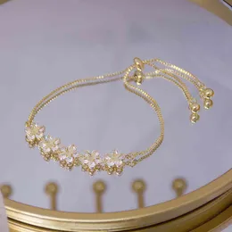 Luxury Super Shine AAA Zircon Flower Bracelet for Women Cute Romantic 14K Real Gold CZ Lady Brselet Daily String Pulseras