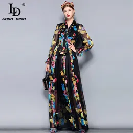 LD LINDA DELLA Runway Maxi Dress Plus size Manica lunga da donna Collo con fiocco Vintage Floral Print Chiffon Party Holiday Long Dress 210309