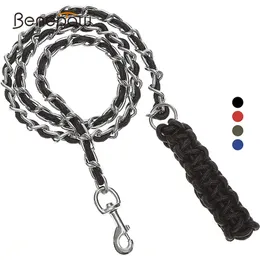 Benepaw Heavy Duty Metal Chain Dog Leash Soft Anti Bite Nylon Flätat Handle Pet Bly Träning Rope Leads för Medium Big Dogs 210729