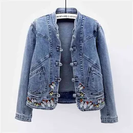 Jesień Moda Motyl Haft Denim Kurtka Kobiety Znosić Chaquequeas Mujer Stojak Kołnierz Slim Krótkie Dżinsy Kurtki Płaszcz Kobieta 210914