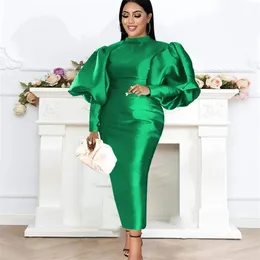 Plus Size 3xl Christmas Party Body con Dress for Women Green High Neck Birthday Elegant Long Puff Sleeve Red Maxi Dresses 211106
