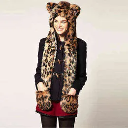 Fashion Hat Scarf Glove Integrerad Animal Hat Imitation Fur Plush Cartoon 211207