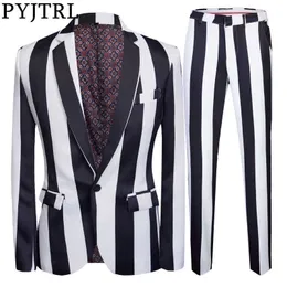Pyjtrl Tide Mężczyźni 2-częściowy zestaw Czarny White Striped Zebra Style Garnitury Kurtka Z Spodnie Moda Casual Slim Suit Sukienka Tuxedos X0909