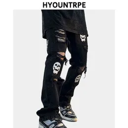 Mode Schedel Gedrukt Denim Jeans Heren Destoryed Gaten Zipper Flare Hip Hop Streetwear Zomer Casual Joggers Broek 0309