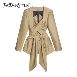 TWOTYLE Elegante Patchwork Bowknot Blazer per donna Colletto quadrato Manica lunga Increspato Split Blazer Moda femminile 210930
