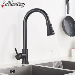 Saeuwtowy Matte Black Caucet Deck Installation Sink med Sprinkler Pull-out Kök 360 Rotatble Basin 210719