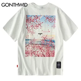 Gonthwid 자연 꽃 풍경 인쇄 Streetwear Tshirts Hip Haw Harajuku 캐주얼 탑스 티셔츠 남성 패션 짧은 소매 셔츠 210225