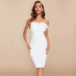 Beaukey White Sexy Women HL Bandage Dresses Bodycon Slash Feathers Club Black Strapless Celebrity Vestido Knee Length 220308