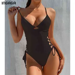 INGAGA Push Up Swimsuits Women's Swimwear Lace-up Bodysuits Solid High Cut Bathers Sexy Backless Bathing Suits 210625