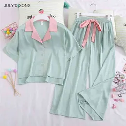 July's Song Faux Silk Женская пижамас Устанавливает лето для женщин повседневная воротник с коротким рукавом длинные брюки с коротким рукавом 210809