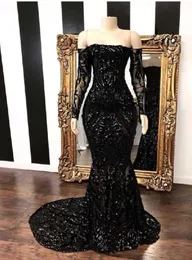 Black Shinny paljetter Mermaid Prom Dresses 2019 Sexig Black Girl Off Axel långärmad formell festklänning plus storlek BC1739