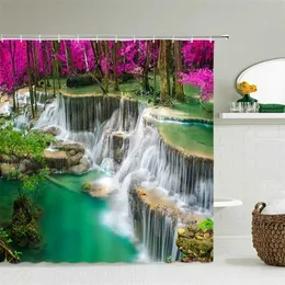 Landscape Forest Waterfall Shower Curtain Waterproof Fabric 3D Print Natural Scenery Bathroom Curtain 240X180 Bath Curtains 211116