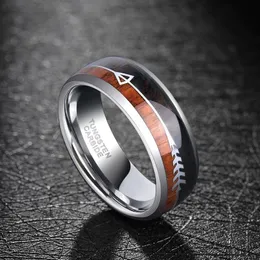 Wedding Rings 8MM Men Fashion Silver Color Stainless Steel Ring Wood Inlay Arrow Band Men's Jewelry Gift For Him