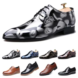 Skor Mens Top Leather British Dress Printing Navy Bule Black Brow Oxfords Flat Office Party Wedding Round Toe Storlek 38-48 GAI 737