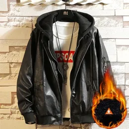 Plus Size 5XL-M Autumn Winter Thick Warm Faux Leather Jacket For Men Simple All Match Loose Casual Hooded Jackets And Coats 220314