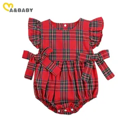 Mababy 0-24Mクリスマスの赤ちゃんの女の子ロンパー新生児の赤ちゃん赤の格子縞の弓ジャンプスーツノースリーブクリスマスの服210312