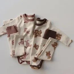 Toddler 2021 Spring New Baby Boys Girls Clothes Set Bunny Bear Print Kids Long Sleeve Bodysuit + Pants Cotton Children 2pcs Suit 210309