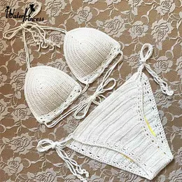 White Bikinis Handmade Crochet Bikini Set Sexy Women Swimwea Female Summer Swimsuit tankini bather Ladies Bathing Suit 210722