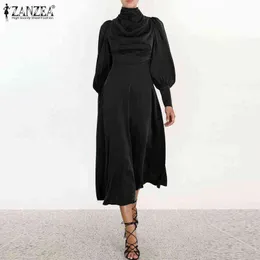 Zanzea Vintage Kobiety Eleganckie sterty Kołnierz Sundress Długi Rękaw Puff Satin Sukienka Jesień Wakacyjny Party Tunika Kaftan Slim Vestidos Y1204