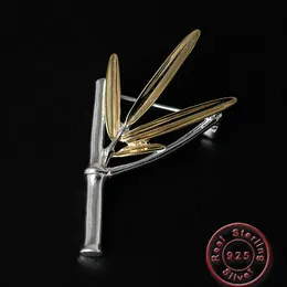 Pins, Brooches Amxiu Handmade 925 Sterling Silver Brooch Two Tones Color Bamboo For Women Girls Scarf Buckles Clothes Hat Accessories