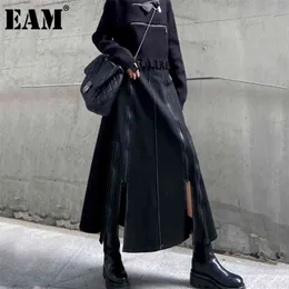 [Eam] Hög midja svart kort dragkedja Spliced ​​Long Split Fog Half-Body Skirt Kvinnor Mode Vår Höst 1DD1712 210708