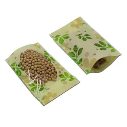 Wholesale 300Pcs/Lot 16*24cm Stand Up Green Leaf PE Plastic Packing Doypack Pouches Zipper Food Storage Window Bag