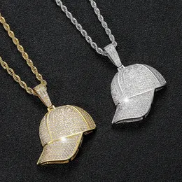 Sport Baseball Hat Necklace Jewelry Set 18k Gold Cubic Zirconia Bling Diamond Hip Hop Summer Hats Pendant Necklaces Women Men Stainless Steel Chain Will and Sandy