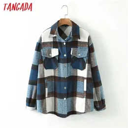 Tangada Autumn Winter Women Blue Plaid Long Coat Jacket Pocket Casual Warm Overcoat Fashion Outwear Tops QW12 211112