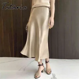 Tataria jedwabne spódnice satynowe dla kobiet wysoki talia A-line elegancki lato różowy Midi koreański styl 210629
